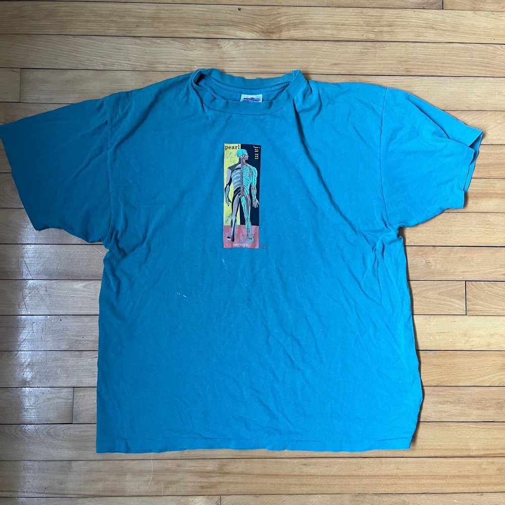 Vintage Pearl Jam Nervous T-Shirt 90s Grunge Single Stitch Teal Blue XL Boxy